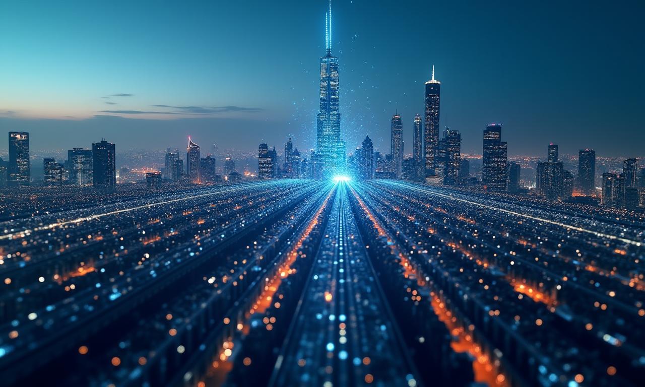 Infraestructura de red 5G avanzada sobre un fondo de ciudad moderna con luces conectadas